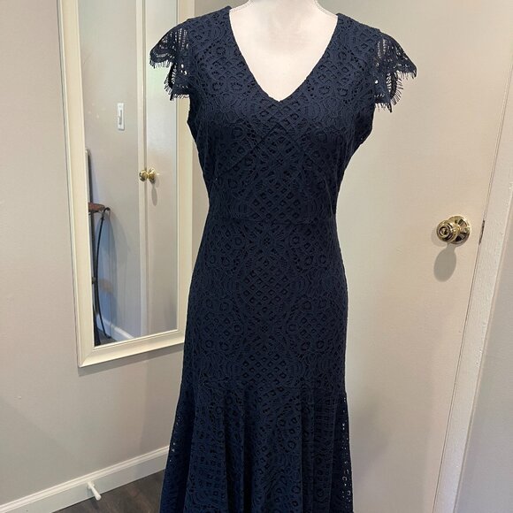Tommy Hilfiger Navy Blue Lace Cap Sleeve Hi Low Dress, Size 6 - Picture 2 of 16